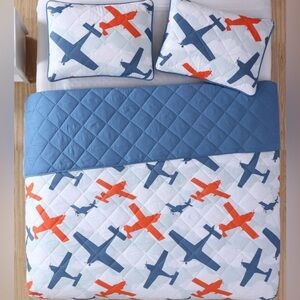 Airplane Quilt + Shams  Queen Aviator Pilot Bedding Muted Navy &Orange Kite Kids